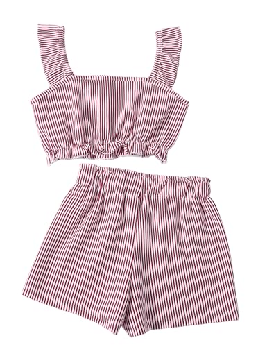 Image of Girl's Summer Clothing Sets Knit Ruffle Striped T-Shirt and Shorts 2 Piece Outfits