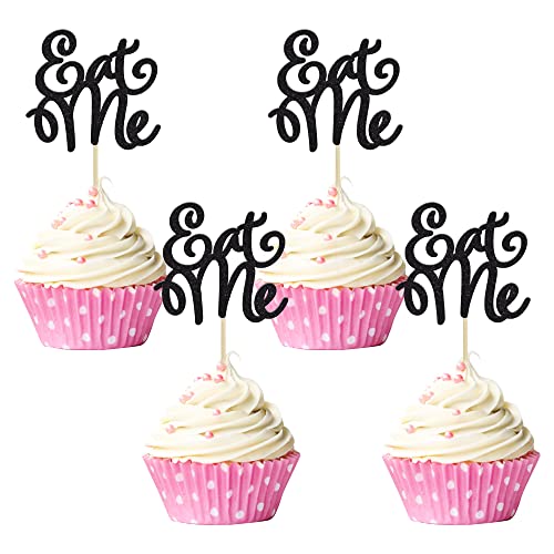 Gyufise 36 Stück Eat Me Cupcake-Topper schwarz Glitzer Alice Cupcake Picks Wunderland Dekorationen für Babyparty Jungen Mädchen Kinder Geburtstag Wunderland Thema Party Supplies Cover