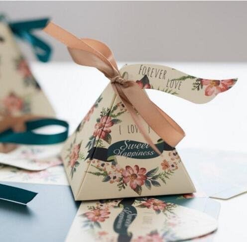 50pcs Floral Wedding Candy Gift Boxes with Ribbons for Party Favors and Decoration, Centerpieces Holiday Supplies (Champagne Flower)