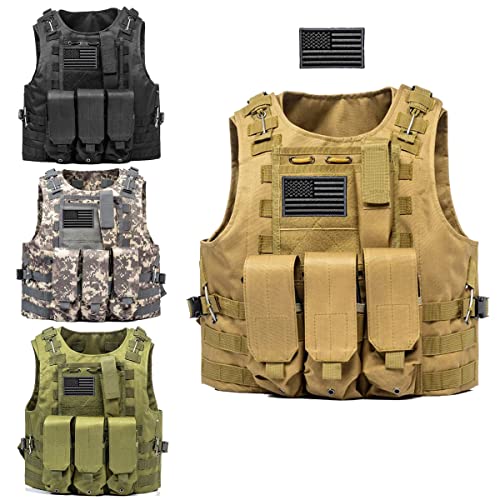 AZB Colete tático ajustável para airsoft paintball com bolsa removível, Caqui, Tamanho Único