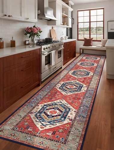 SERISSA Runner Rug for Hallways, 2'6"x14' Washable Non Slip Kitchen Runner Rug, Extra Long Boho Rug Ultra Soft Vintage Rust Print Floor Carpet for Bedroom Hallway Entryway Bathroom Laundry Room