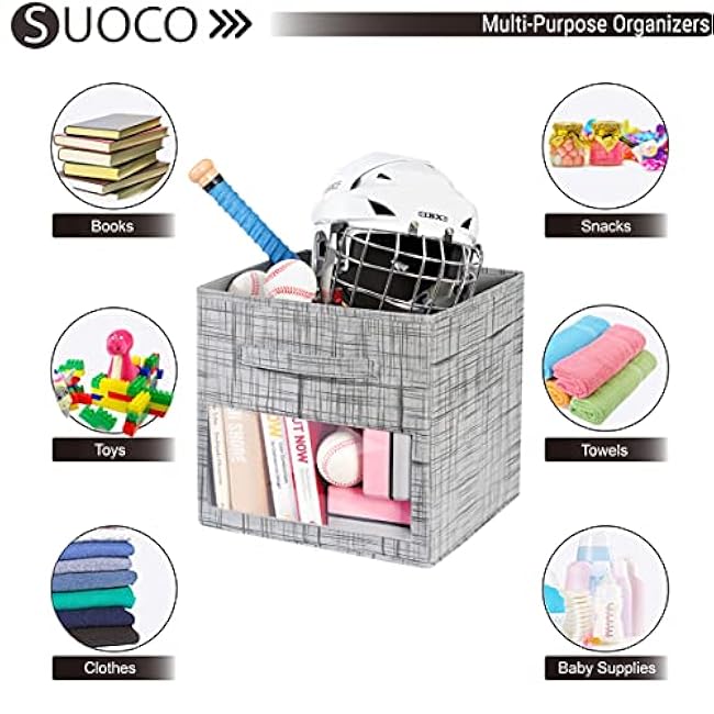 SUOCO Cube Storage Bins with Clear Window, Foldable Fabric Baskets Boxes for Shelf Closet Organizer, Nursery and Kids Room, 8 Pack, Grey