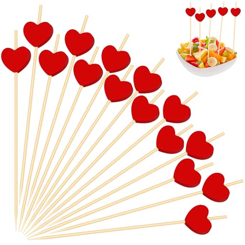100 Pcs Red Heart Cocktail Picks Galentines Day Decorations 4.7 Toothpicks for Appetizers Bamboo Cocktail Sticks Skewers Fruit Toothpicks Dessert Charcuterie for Wedding Valentines Day Party Supplies