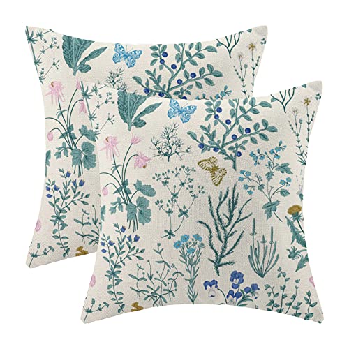 Image of AEIOAE Spring Pillow Covers 18x18 Inch Set of 2,Blue Teal Wild Flower Plant Throw Pillows Case,Seasonal Floral Outdoor Decorative Square Linen Farmhouse Decor Cushion Covers for Home Sofa Bed Couch