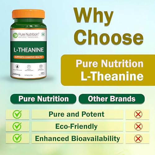 Image of Pure Nutrition L-Theanine 200mg - 60 Veg Capsules | L Theanine Supplement | Supports Stress Relief, Anxiety Reduction & Cognitive Health | Promotes Relaxation & Brain Function