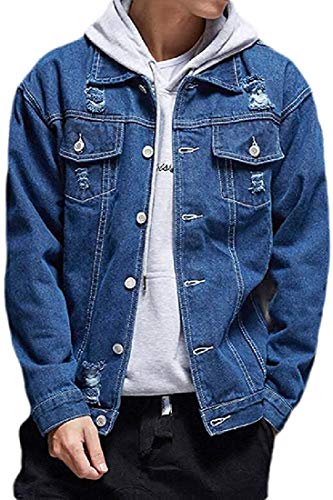 Yusaip Men Fashion Distressed Ripped Denim Jacket Casual Button Down Trucker Jean Jackets,2,X-Small