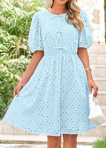 Image of KIRUNDO Eyelet Summer Dresses for Women 2025 Short Sleeve Tie Front Babydoll A Line Wedding Guest Beach Vacation Sundress