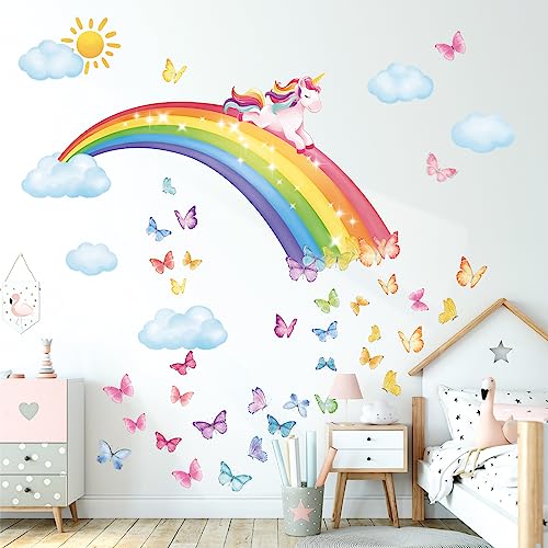 DECOWALL SG2-2309 Rainbow Wall Decals Unicorn Rainbow Butterflies Clouds Wall Stickers Baby Nursery Girls Bedroom Living Room Wall Décor - Image 2