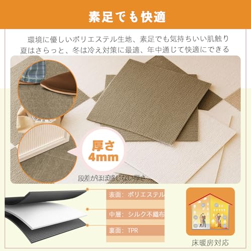 【Amazon 限定ブランド】タイルカーペット HDMOD ジョイントマット【45x45cm 厚さ4mm】 40枚 吸着マット タイルマット ズレない カーペット 防音 フローリングカーペット 滑りとめ 防臭防菌 床暖房対応 洗濯機洗える ペット用カーペット お手入れ簡単 設置簡単（モカ） [3]