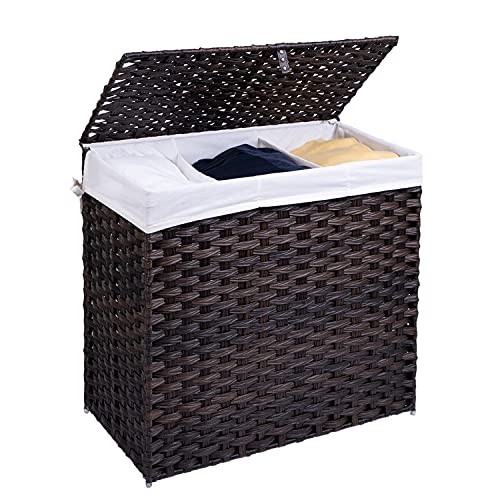 Crehomfy Laundry Hamper with Lid and Handle, Synthetic Rattan Wicker Handwoven Laundry Basket, Foldable Dirty Clothes Hamper, Laundry Sorter for Laundry Room, Bedroom Brown (3 Section 130L)