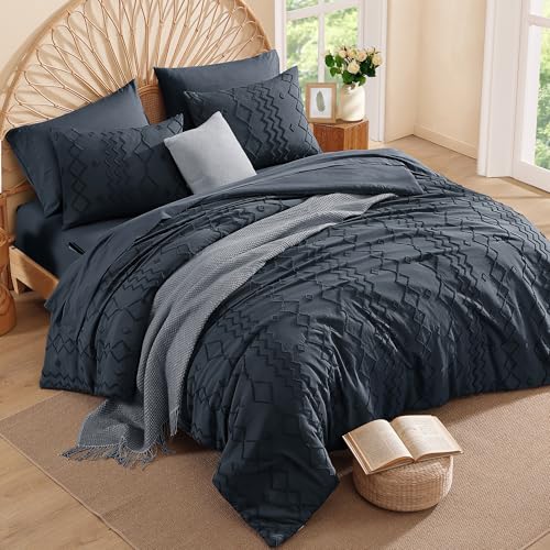 Image of AMBERSPACE Full Size Comforter Set Navy Blue, Tufted Boho Bedding Farmhouse Bed Set, All Season 7 Pieces Bed in a Bag with Sheets, Pillowcases & Shams