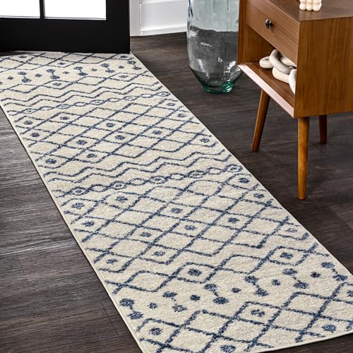 Image of JONATHAN Y Aksil Moroccan Beni Souk Cream /Navy Runner Rug, 2x8, Bohemian, Scandinavian, Easy-Cleaning for Living Room, Bedroom, Kitchen, Pet Friendly, Non-Shedding (MOH208F-28)