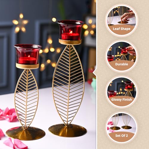 Image of Market99 (2 Votive) Leaf T- Lite Holder Set of 2 | Iron T-Light Holder with Leaf Shape & Red Color | Glossy Finish | Home Decor T-Light Holder | Decorative Item for Festive Season | Leaf Design