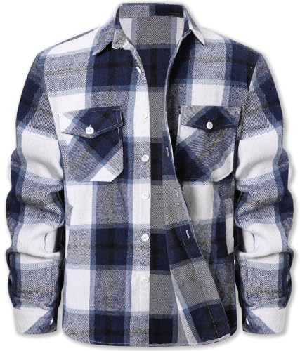 Image of Cromoncent Mens Boys Thick Flannel Shirt Long Sleeve Shirt Jacket Casual Button Down Multi Pockets Shacket