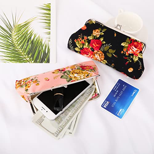 Oyachic 2 Packs Coin Purse Cell Phone Pouch Rose Pattern Clasp Closure Wallet Gift (Black And Pink) #TOP3