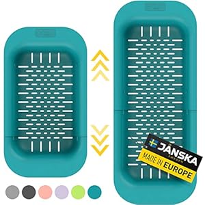 Janska 3-in-1 Adjustable Over The Sink Colander, 30% Heavier Duty, Sink Strainer, Rinse – Drain – Dry, European Made, Non BPA, Extendable, Heat Resistant (7.8″ W x 13.5-19.3″ L x 3.3″ H), Teal