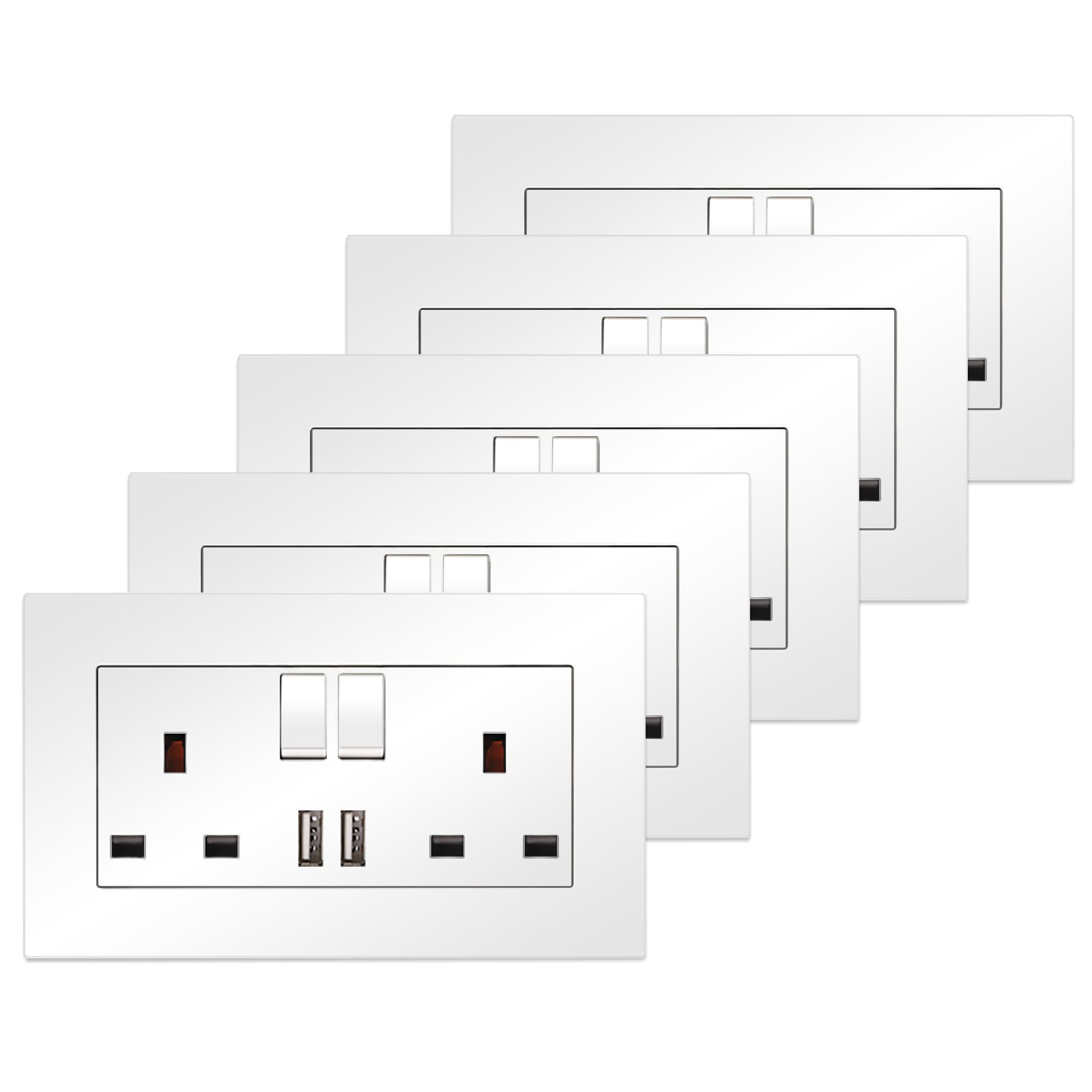 5 Pack Double Switched Socket with 2 USB Charging Ports, 2 Gang 13 Amp Electric Power Socket, White PC Plate Wall Outlet