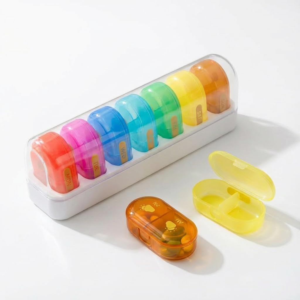 Weekly Medicine Organizer Box 7-Day 2 times a day, XXL Large Pill Organizer, Cute and Colorful Pillbox, Pill Organizer Box with Clear Lids for Vitamin, Medicine, Supplement, Fish Oil (Multicolor)-image-45