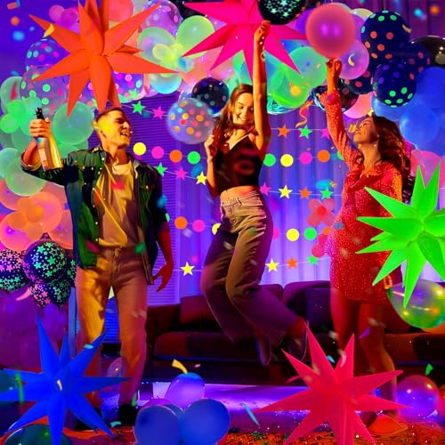 Image of GYIPFIPA UV Neon Balloons, Glow in the Dark Party Supplies Neon Foil Explosion Star Balloon Kit Cone Balloons Glow in the Dark Birthday Decorations for Blacklight Party Decoration