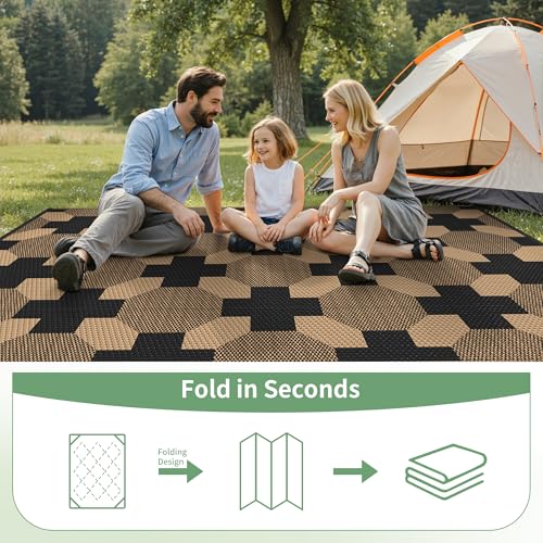 Image of GENIMO Outdoor Rug, Waterproof Plastic Rugs for Patio, 6'x9' Deep Brown | Outside Larger Modern Carpet Mat for Porch Decor, Deck, Balcony, Camping, RV, Backyard, Picnic, Beach, Reversible, Foldable