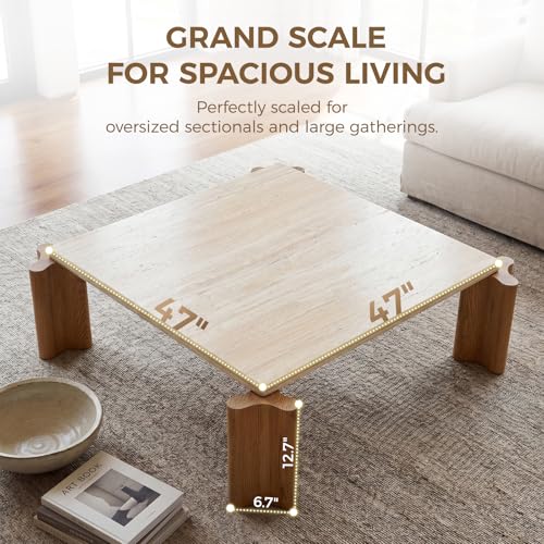 Image of Hyfirm Large Faux Travertine Coffee Table, 47 inch with Curved Wood Legs