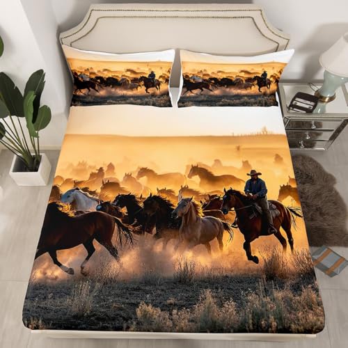 Loussiesd Juego de ropa de cama para niños y niñas, diseño de caballo salvaje occidental, sábana bajera ajustable con diseño de caballo salvaje, decoración de dormitorio, juego de cama ligero (sin