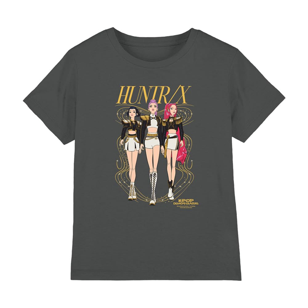Kpop Demon Hunters Huntrix Golden Sparkles Kids T Shirt, Charcoal, 7-8Y