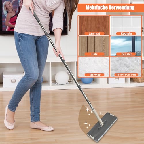 Wischmopp Set mit Eimer 2-in-1 Bodenwischer mit 360° Drehkopf & Auswringfunktion Putzeimer mit Wischmop Edelstahlgriff und 4 Mikrofaserpads Handfreies Reinigungssystem Für Parkett Laminat & Fliesen – Bild 7