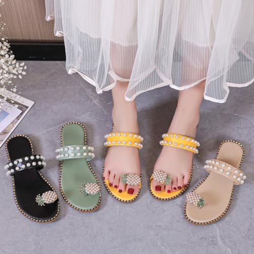 Fruit Toe-Post Sandals for Women Cute Yellow Slippers With Pearl Pineapple Flat Sandals Outdoor Summer2
