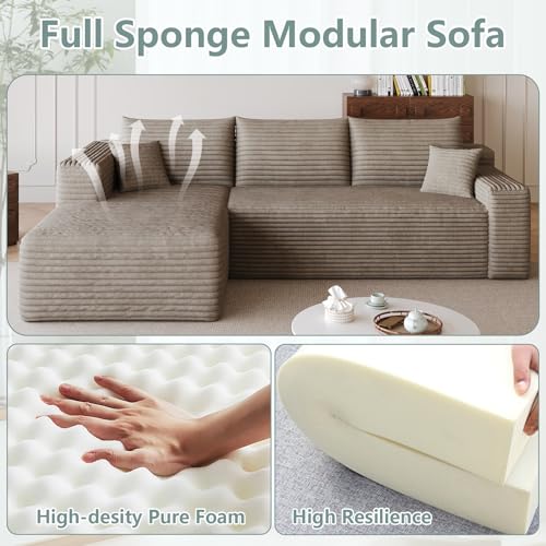 Image of 95 inch Modular Sectional Sofa, Modern Corduroy Cloud Couch with Side Pockets, Boneless Couch Upholstered 3-Seater L-Shaped Sofa for Living Room, No Assembly Required (Camel,Left-Facing Chaise)