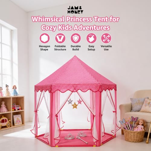 Image of Amazon Brand - Jam & Honey Princess Castle Hexagon Play Tent for Kids | Foldable Indoor Outdoor Playhouse with Mosquito Net Design | Portable Tent with Carry Bag | Extra Large (135.5 x 129 cm) | Pink