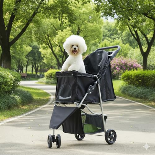 Pet Stroller for Dogs and Cats, Foldable 3-Wheel Dog Stroller with Storage, Cup Holder and Waterproof Cover, Ideal for Small to Medium Pets