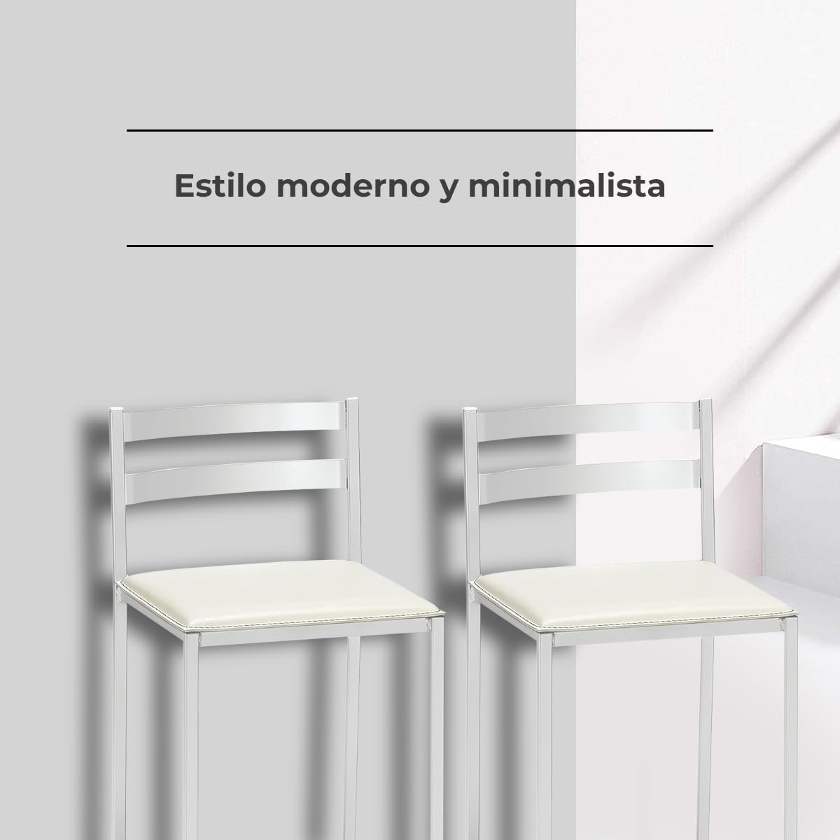 2 Taburetes de Cocina con Respaldo bajo, Franjas horizontales y Asiento tapizado - Estructura Color Blanco - Asiento en Polipiel Blanco