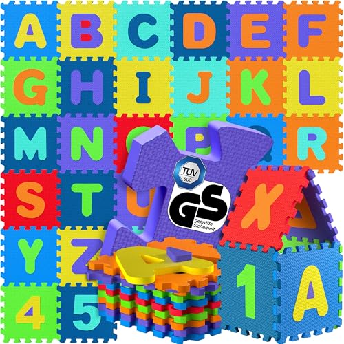 SPIELWERKŽ Tapis de Jeu Puzzle en Mousse Alphabet et Chiffres 86 pičces 36 Dalles 30x30cm bébé Enfant Bas âge