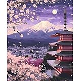 NEWENMO Monte Fuji y Templo Pintar por Numeros Adultos,Flores de Cerezo Pintura por Numeros Kit,Easy Paint by Numbers Adult,con 3 Pinceles y Pigmento Acrílico,Decoración para Hogar,Sin Marco-40x50cm
