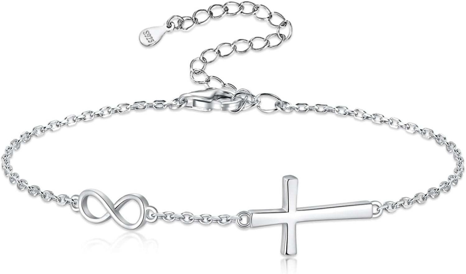 925 Sterling Silver Infinity Cross Bracelet for Women Dainty Faith Jewelry Adjustable Christian Bracelet