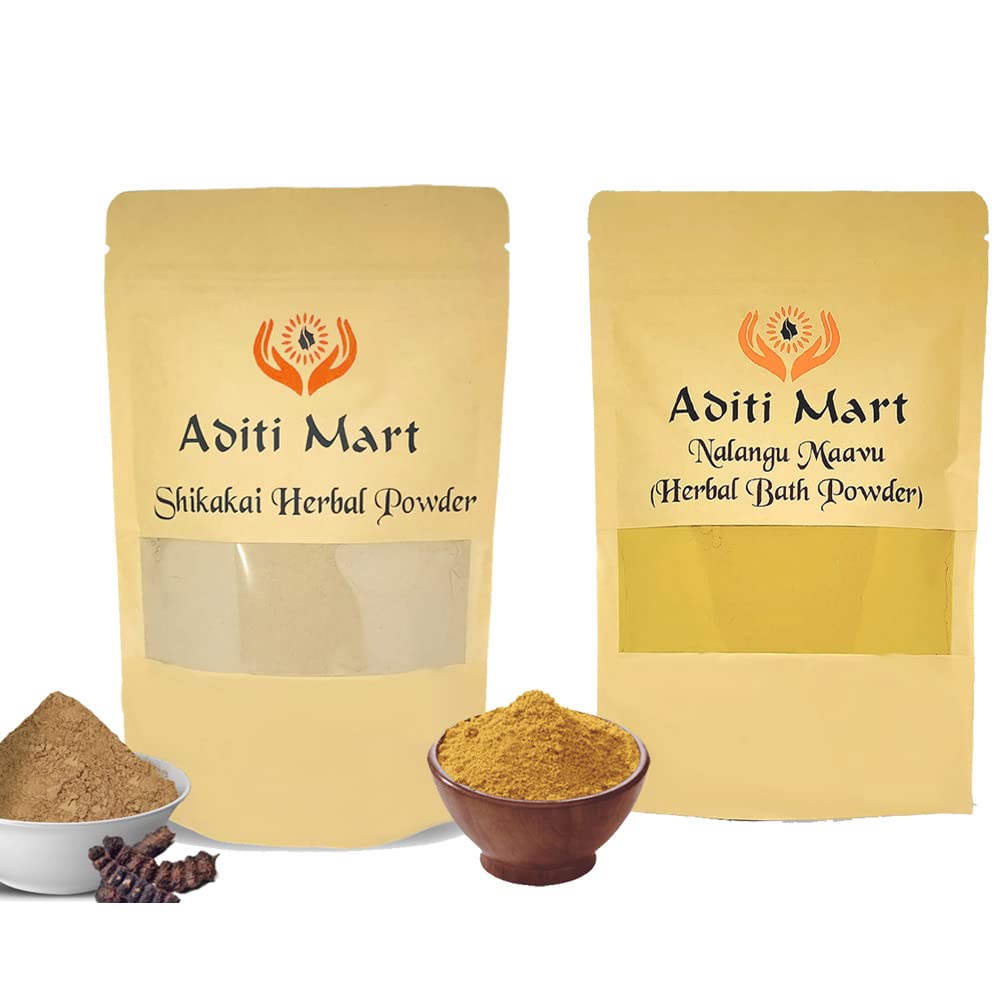 Aditi Mart Herbal Shikakai Powder/hair wash/hair growth and Nalangu Maavu/sunnipindi/ubtan powder Bath Kit combo Each 100gms X 2