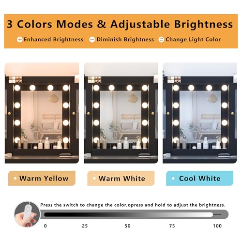 Image of Wodeer Vanity Desk with Mirror and Lights, 43 inch Black Makeup Vanity Set with 5 Drawers & Glass Cabinets, Power Outlet, Adjustable LED Lights & Makeup Tray, Dressing Table for Women & Girls Bedroom