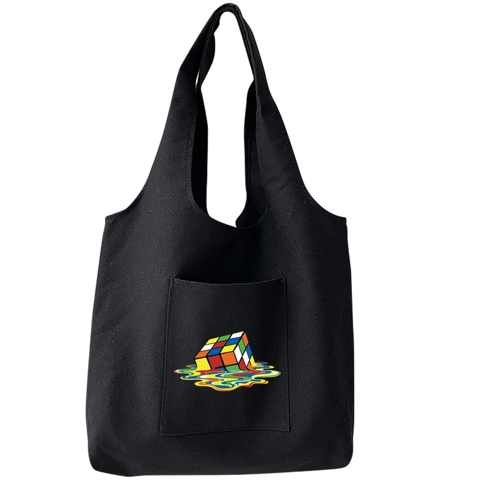 FINDING CASE Reusable Heavy Duty Shopping Medium Tote Bag 100% Cotton Canvas with Strong Matching Handles,Shopping Bags Large Capacity Canvas Tote Bags with Inner Pocket (Melt Cube)