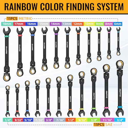 Image of GRENPRO Ratchet Wrenches Set, 23PCS Flex Head Ratcheting Wrench Set Metric and Standard & SAE with Color Ring, 6-18mm & 1 /4 inch-3 /4 inch, Mechanics Tool Box Organizer, Large Open End Combination Wrench Sets