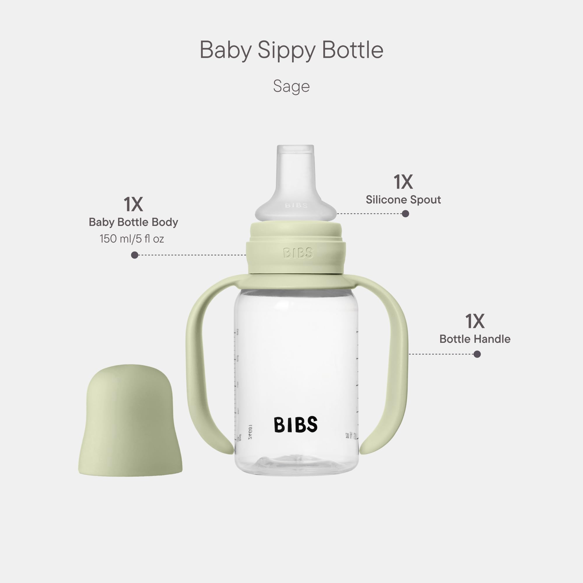 BIBS Sippy Bottle, 150 ml, Easy-Grab Handles & Silicone Spout, Leak-Proof, Sippy Cup for Toddlers BPA-Free, 0+ Months - Sage - Image 2