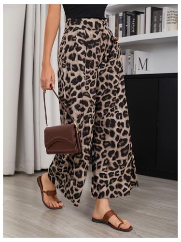 SweatyRocks Women's Leopard Print High Waisted Wide Leg Pants Casual Long Trousers4