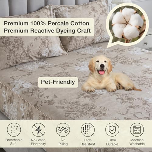Image of Dark Beige Vintage Floral Percale Bed Sheets King Size Deep Pocket | 100% Cotton Brown Flower Farmhouse Sheets, Neutral Patterned Toile Sheet Set, Cottage Core Bedding, Shabby Chic, Crisp, 4Pcs