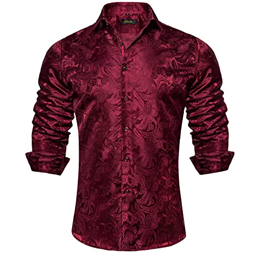 DiBanGu Mens Silk Paisley Dress Shirts,Long Sleeve Button Down Shirt Casual Regular Fit Shirt for Men Wedding Party, Red, Small