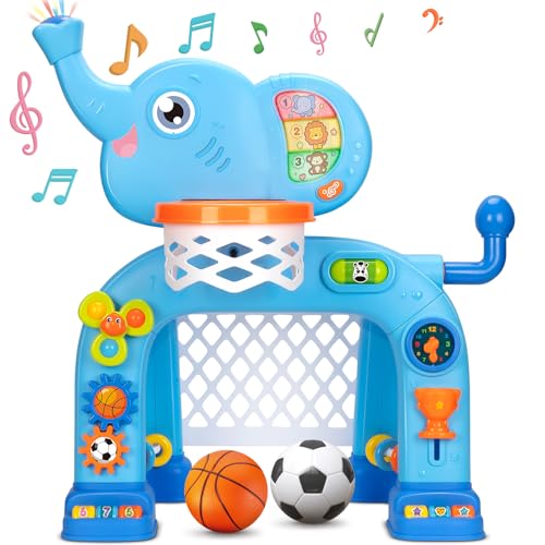 KIZZYEA Toys for 1 2 3 Years Old Boys Girls, Toddler Basketball Hoop & Soccer Goal, Montessori Toy, Interactive Musical Sports Toys with Light, Christmas Birthday Gifts for Baby Kids Age 12-18 Months
