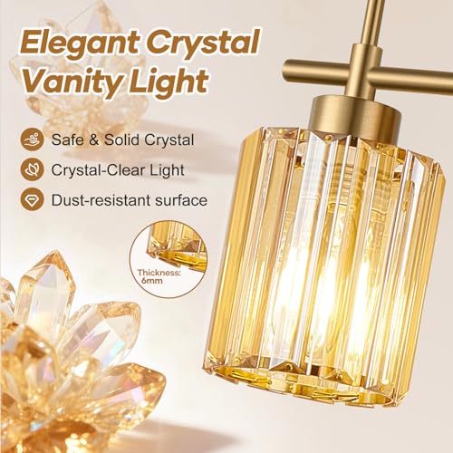 Image of Modern Crystal Bathroom Light Fixtures Over Mirror, 3-Light Brushed Gold Bathroom Vanity Light with Amber Glass Shades, Modern Vanity Lights for Bathroom, E26 Base, Bulbs Not Included