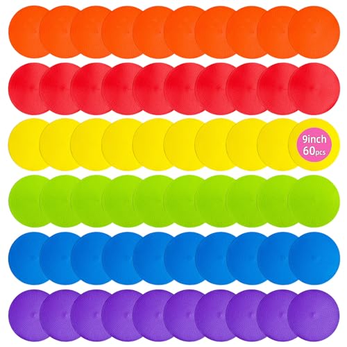 Vasolpryb Spot Markers 9 Inch 60 Pcs Non Slip Rubber Floor Markers Flat Field Cones Poly Dots for Classroom Dance Sports Soccer Basketball Speed Agility Training(6 Colors)
