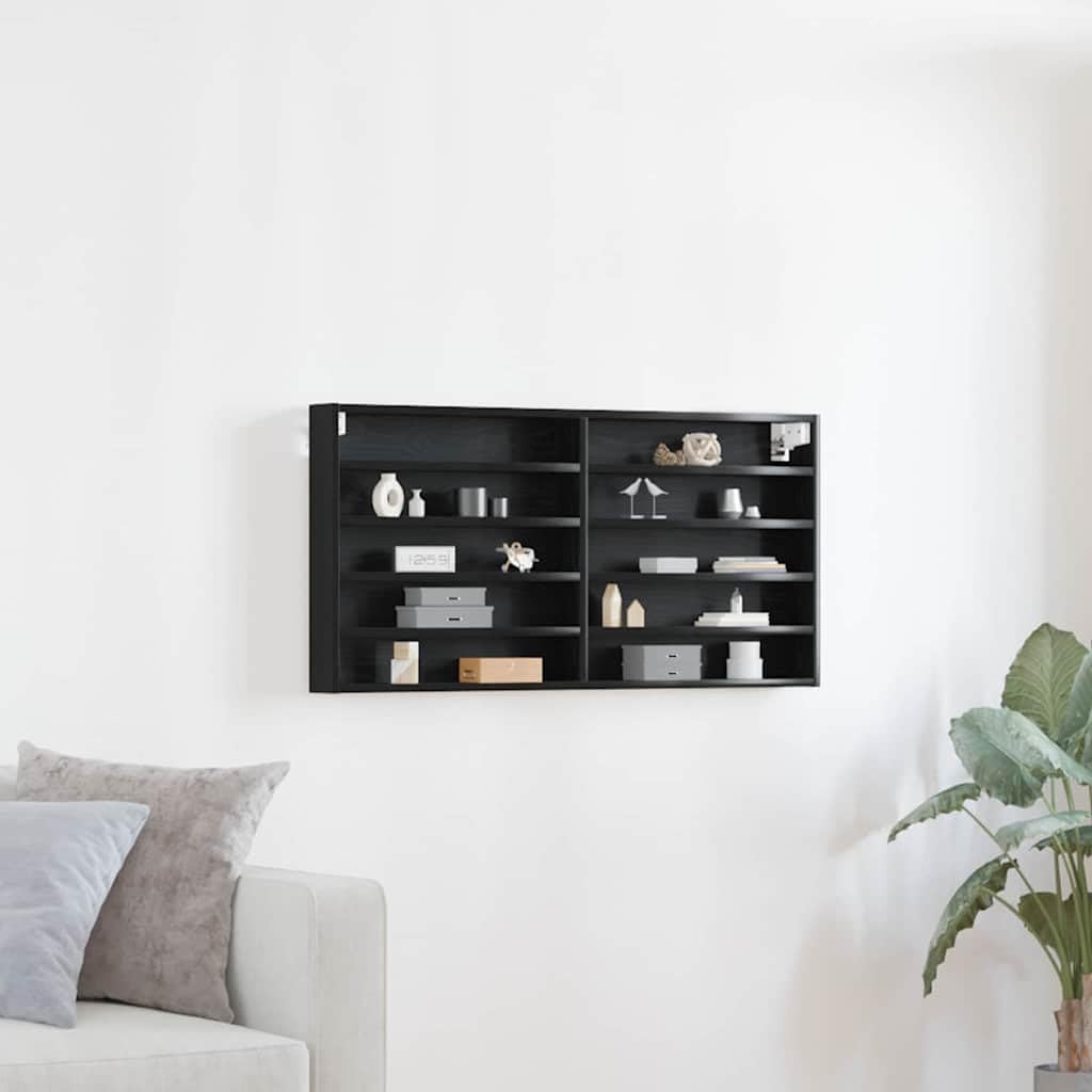 Wandvitrine Schwarz Eichen-Optik, Hängeregal mit 10 Fächern, Wandregal für Sammlerstücke 100 x 8,5 x 50 cm
