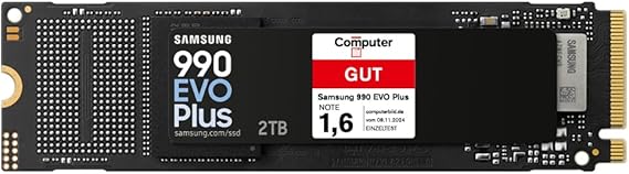Samsung 990 EVO Plus NVMe M.2 SSD 2 TB, PCIe 4.0 x4 / PCIe 5.0 x2, NVMe 2.0 (2280), 7.250 MB/s Lesen, 6.300 MB/s Schreiben, Interne SSD für Gaming und Grafikbearbeitung, MZ-V9S2T0BW