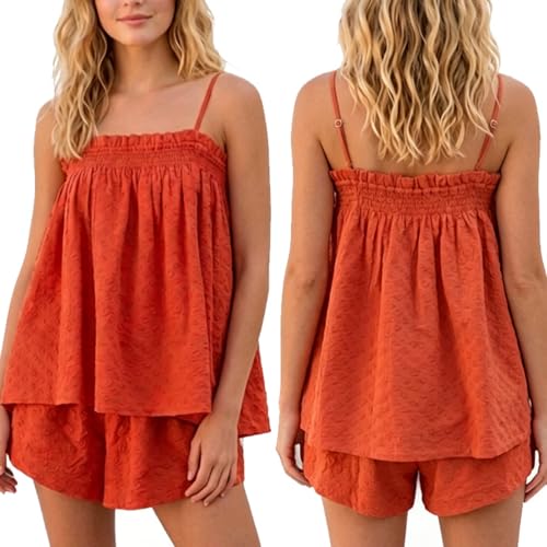 Image of SOOKABEILA Women 2 Piece Lounge Set Sleeveless Striped Cami Peplum Top Boxer Shorts Loose Ruffle Matching Pj Sets Outfits